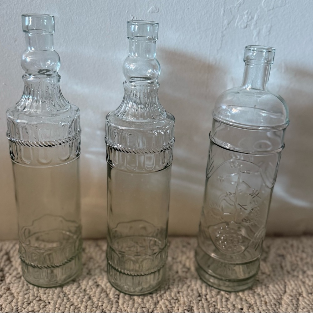 Set of Three Clear vintage  Glass Bottles Great for plant propagation bohemian